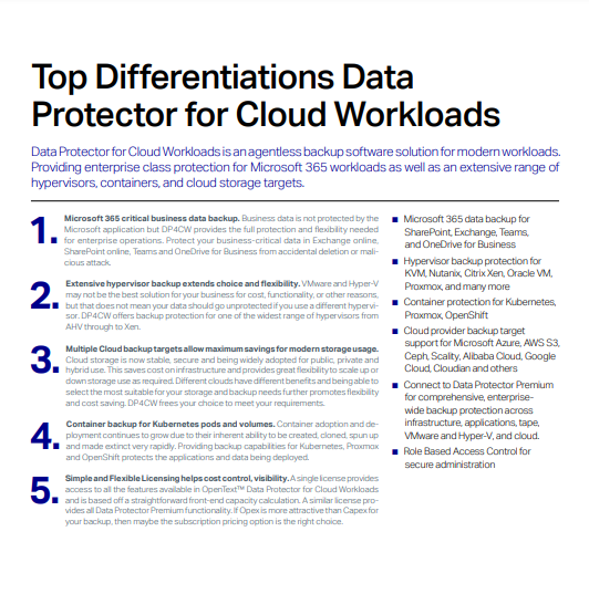 Principales différences Data Protector pour les charges de travail en nuage