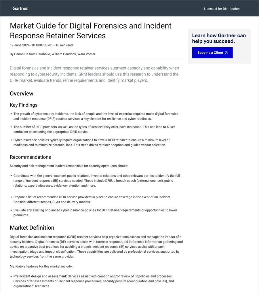 Guide du marché Gartner pour les services de rétention DFIR